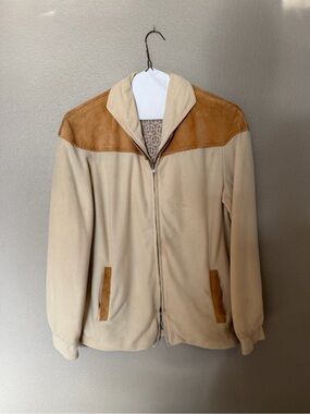 Vintage Men's Beige Zip-Up Sweater Jacket with Tan Corduroy Yoke